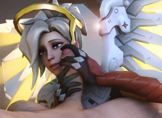 Overwatch mercy bends over your cock and cums loudly